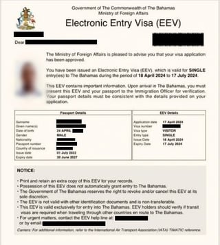 Bahamas Electronic Entry Visa Eev Sample Image Bahamas Electronic Entry Visa Eev Sample Image