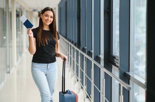 Vacation Travel Beautiful Young Brunette Lady In Airport Terminal Happy